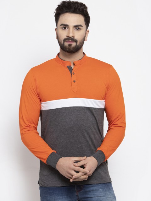 

Kalt Men Orange Colourblocked Mandarin Collar T-shirt