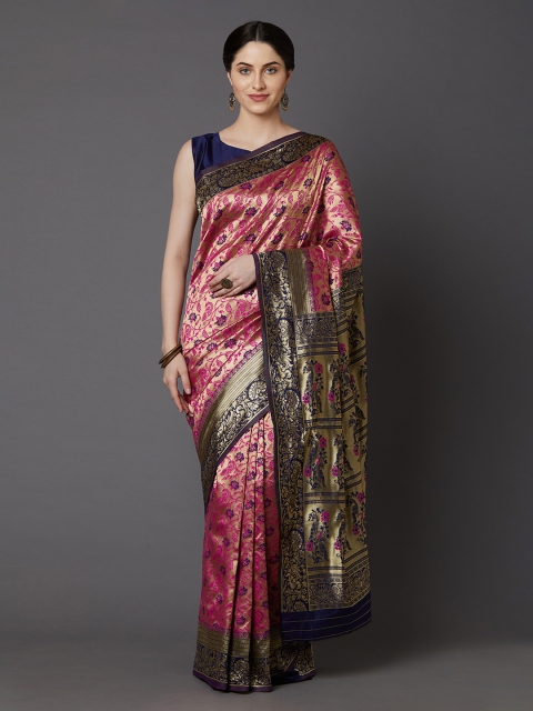 

Mitera Gold-Toned & Pink Silk Blend Woven Design Banarasi Saree
