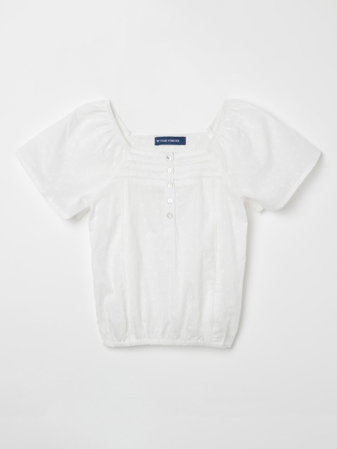 

Fame Forever by Lifestyle Girls Off-White Self Design Blouson Pure Cotton Top