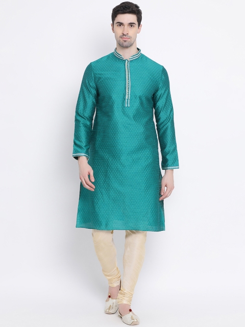 

Sanwara Men Sea Green & Beige Self Design Kurta with Churidar