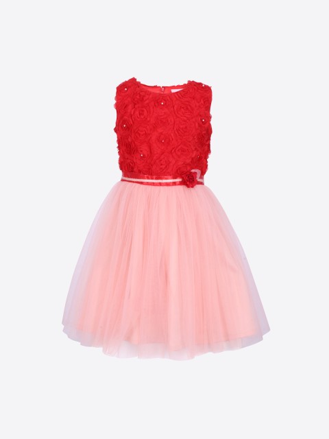 

CUTECUMBER Girls Red & Peach-Coloured Colourblocked Fit and Flare Dress