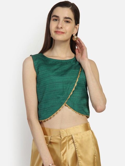 

studio rasa Women Bhagalpuri Overflap Embellished Crop Top, Green