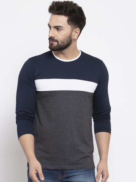 

Kalt Men Navy Blue & Grey Colourblocked Round Neck T-shirt