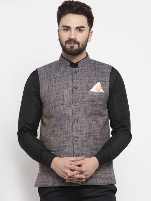 

KLOTTHE Men Blue & Brown Woven Design Satin Nehru Jacket