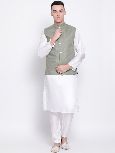 

DEVOILER Men Olive Green & White Solid Kurta with Pyjamas & Nehru Jacket