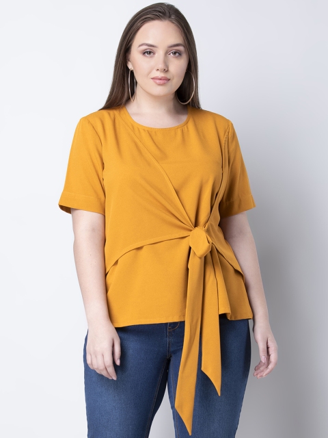 

FabAlley Curve Plus Size Women Yellow Solid Wrap Top