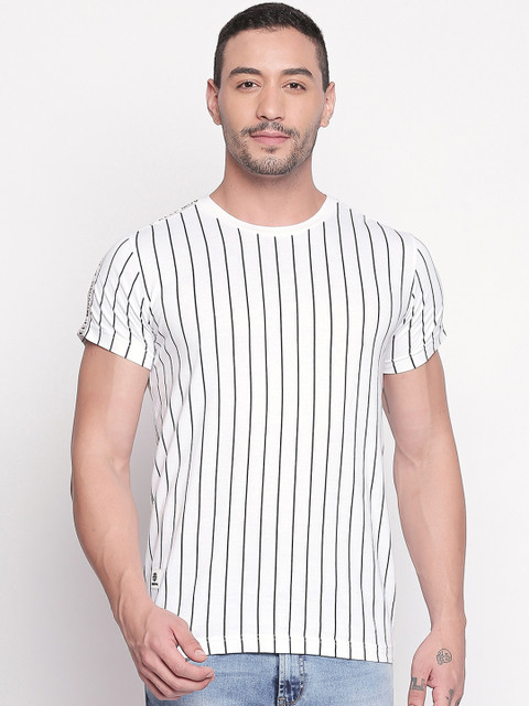 

Mufti Men White & Black Striped Round Neck T-shirt