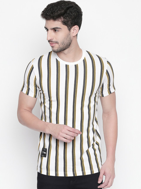 

Mufti Men White Grey Striped Round Neck Pure Cotton T-shirt