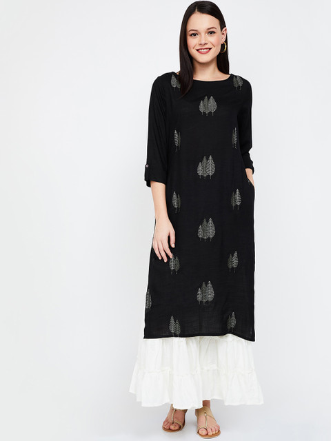 

Melange by Lifestyle Women Black Embroidered Straight Kurta