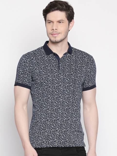 

Mufti Men Navy Blue White Printed Polo Collar Pure Cotton T-shirt