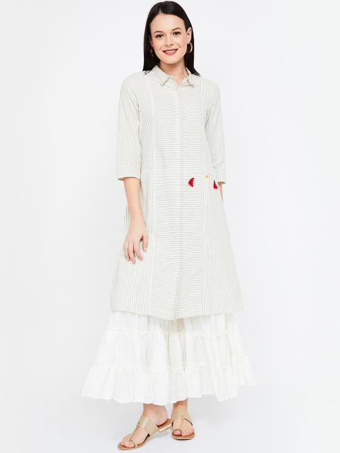 

Melange by Lifestyle Women Off-White & Grey Striped Straight Kurta
