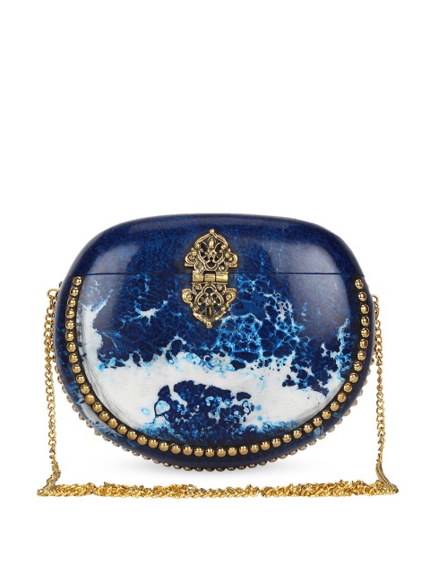 

Anekaant Blue & White Embellished Half Moon Clutch
