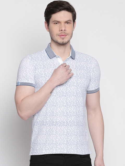 

Mufti Men White Blue Printed Slim Fit Polo Collar Pure Cotton T-shirt