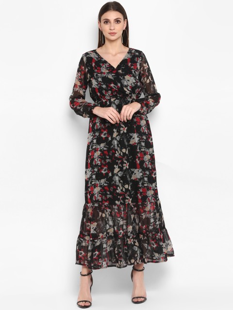 

Color Cocktail Women Black & Red Floral Printed Tiered Fit and Flare Dress