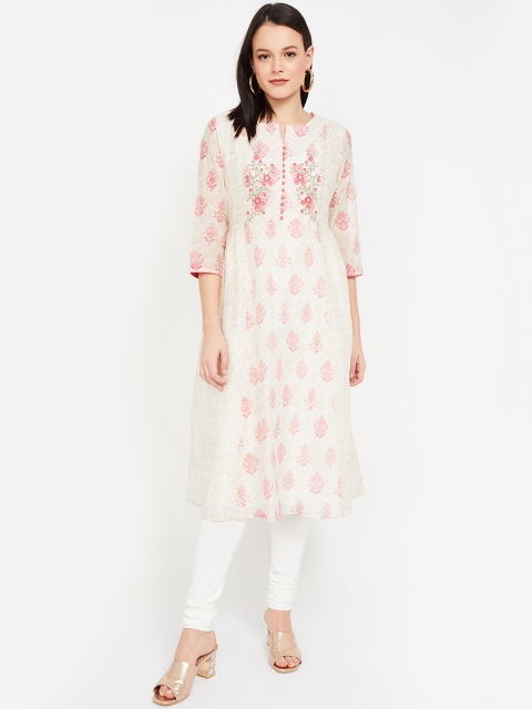 

Melange by Lifestyle Women Off-White & Pink Printed A-Line Kurta