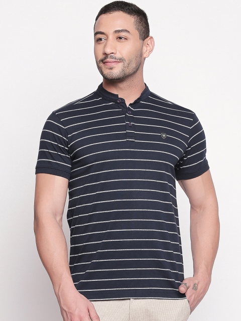

Mufti Men Navy Blue & White Striped Slim Fit Mandarin Collar T-shirt