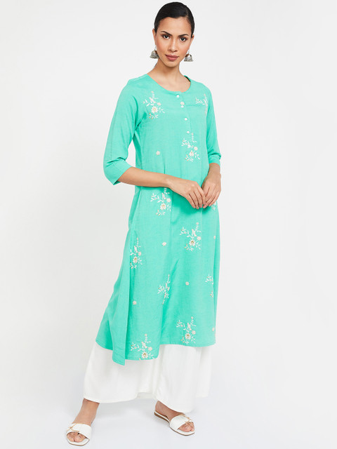 

Melange by Lifestyle Women Turquoise Blue Embroidered A-Line Kurta