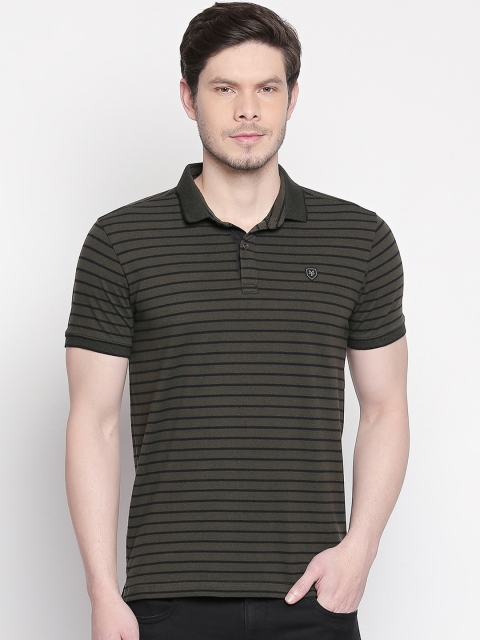 

Mufti Men Olive Green Black Striped Polo Collar Pure Cotton T-shirt