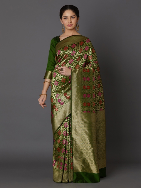 

Mitera Green Silk Blend Woven Design Kanjeevaram Saree