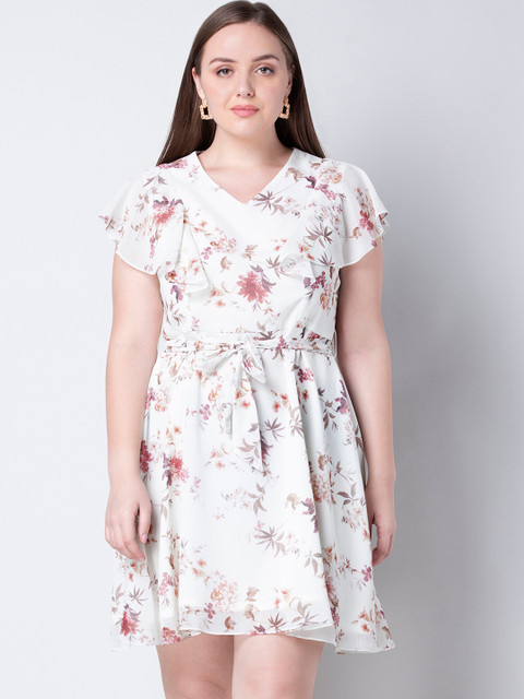 

FabAlley Curve Plus Size Women White Floral Printed Fit and Flare Dress