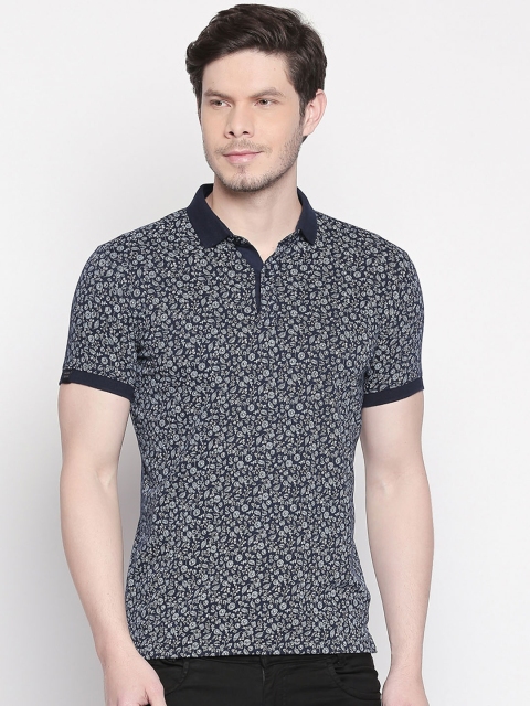

Mufti Men Navy Blue White Printed Slim Fit Polo Collar Pure Cotton T-shirt