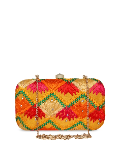 Anekaant Yellow & Red Embroidered Box Clutch