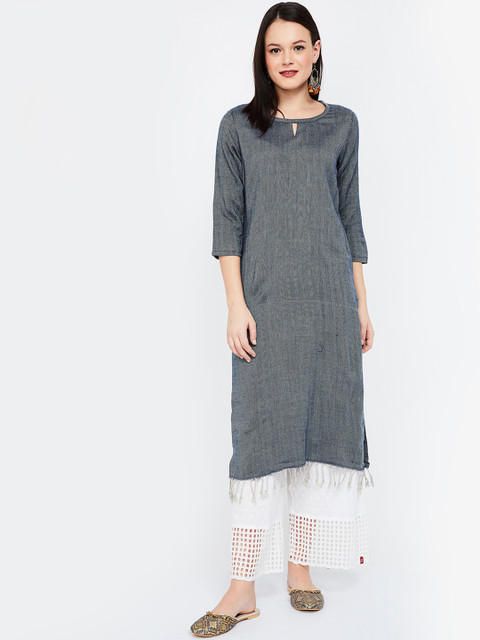 

Melange by Lifestyle Women Navy Blue & White Woven Design Straight Kurta