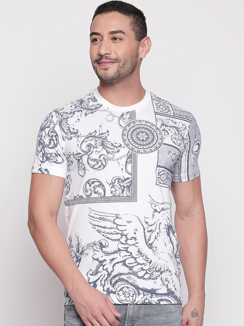 

Mufti Men White Blue Printed Round Neck Pure Cotton T-shirt