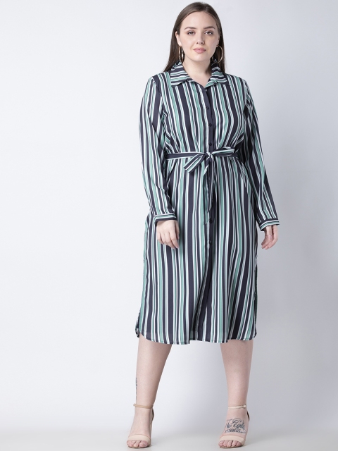 

FabAlley Curve Plus Size Women Blue Striped Shirt Dress