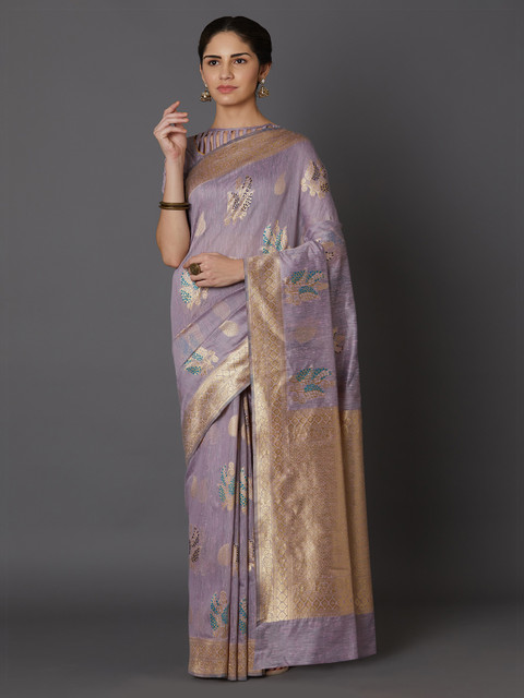 

Mitera Lavender & Gold-Toned Silk Blend Woven Design Kanjeevaram Saree