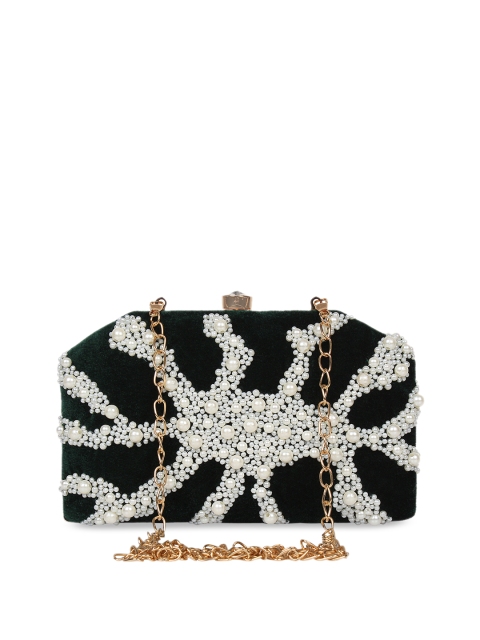

Anekaant Olive Green & White Velvet Finish Embellished Box Clutch