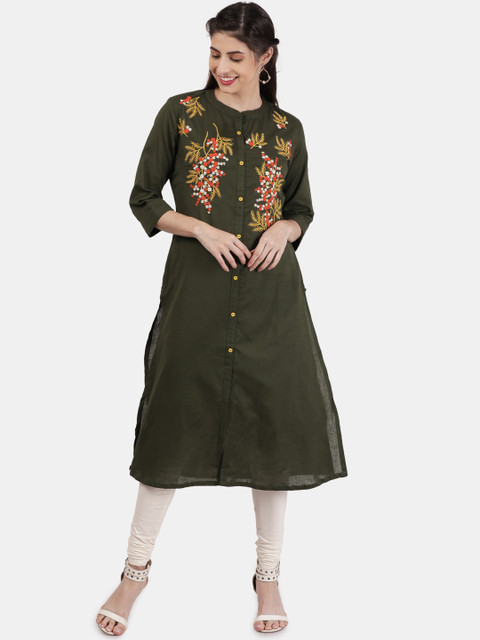 

Alena Women Green Embroidered Straight Kurta