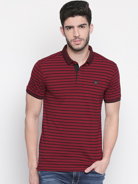 

Mufti Men Maroon & Black Striped Polo Collar T-shirt