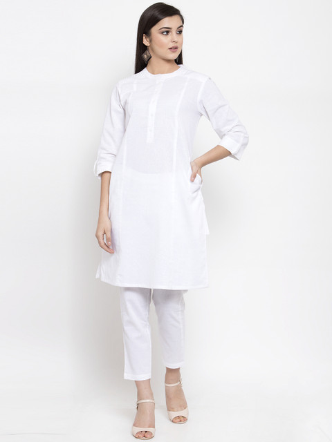 

Ayaany Women White Solid Kurta with Trousers