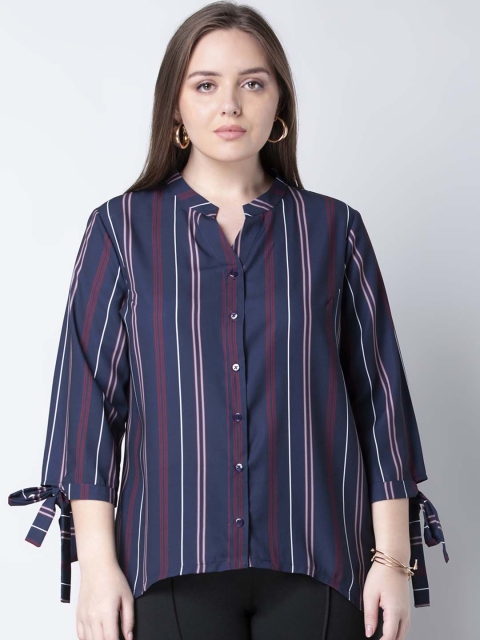 

FabAlley Curve Plus Size Women Blue Red Striped Shirt Style Top