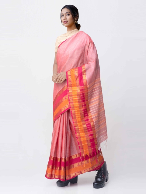

Unnati Silks Pink Pure Cotton Solid Narayan Peth Saree