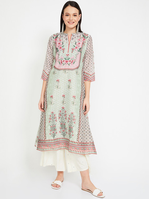 

Melange by Lifestyle Women Mint Green & Pink Printed A-Line Kurta