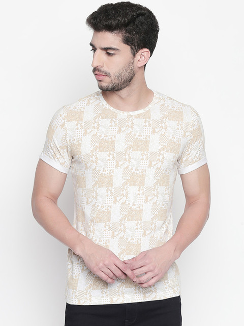 

Mufti Men White Beige Printed Round Neck Pure Cotton T-shirt