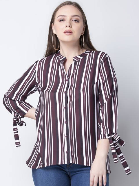 

FabAlley Curve Plus Size Women Burgundy Striped Shirt Style Top