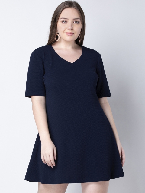 

FabAlley Curve Plus Size Women Navy Blue Solid Fit and Flare Dress