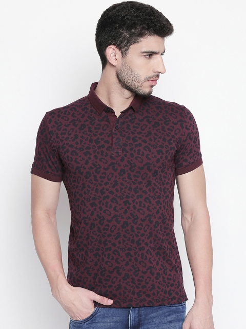 

Mufti Men Burgundy & Navy Blue Printed Polo Collar T-shirt