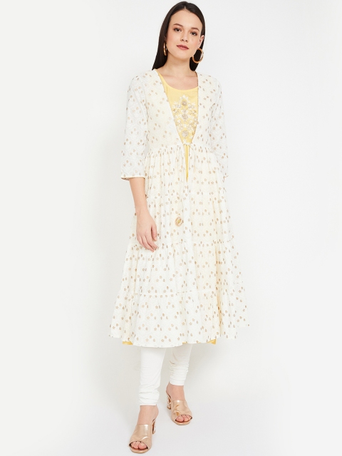 

Melange by Lifestyle Women Off-White & Yellow Printed A-Line Kurta with Shrug