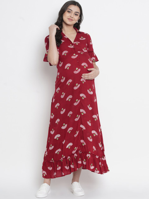 

Mine4Nine Women Red & Pink Printed Maternity Maxi Dress