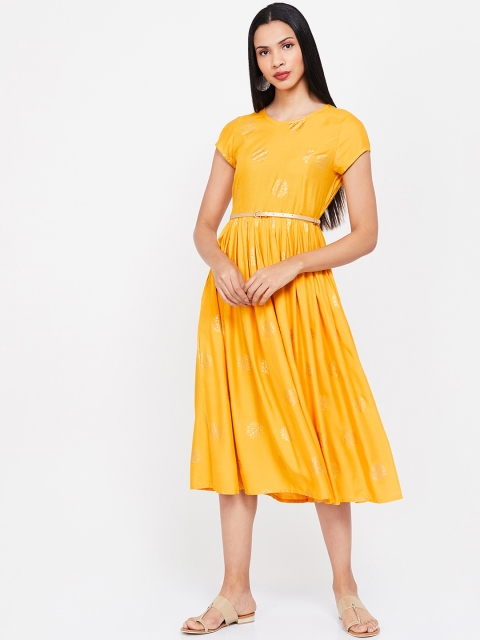 

Colour Me by Melange Women Mustard Yellow Printed Fit and Flare Dress