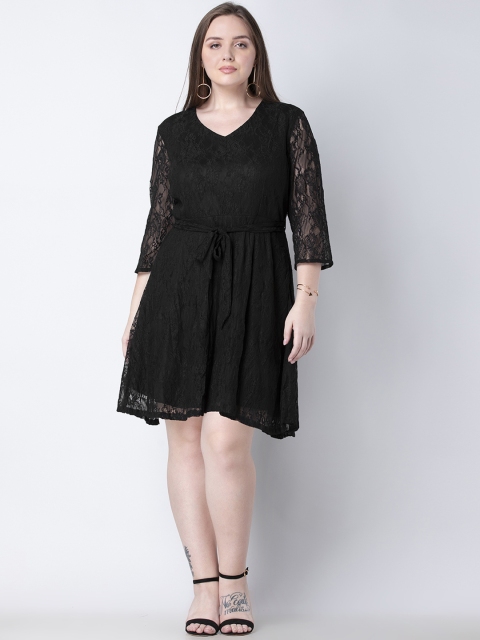 

FabAlley Curve Plus Size Women Black Self Design Fit and Flare Dress