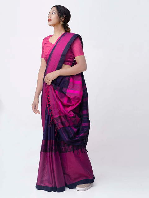 

Unnati Silks Navy Blue & Pink Silk Cotton Solid Narayan Peth Saree