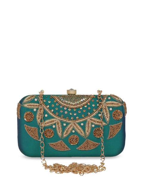 

Anekaant Green & Gold-Toned Embroidered Embellished Clutch