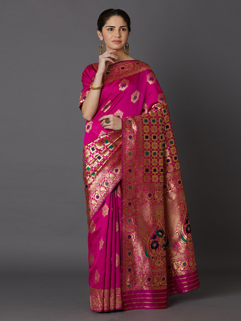 

Mitera Pink & Blue Silk Blend Woven Design Kanjeevaram Saree