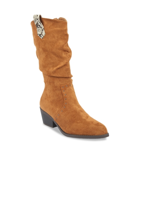 

Flat n Heels Women Tan Brown Solid Suede Heeled Boots