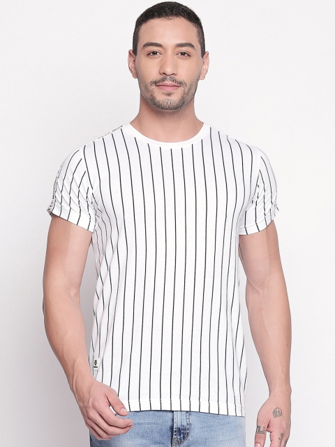 

Mufti Men White Black Striped Slim Fit Round Neck Pure Cotton T-shirt